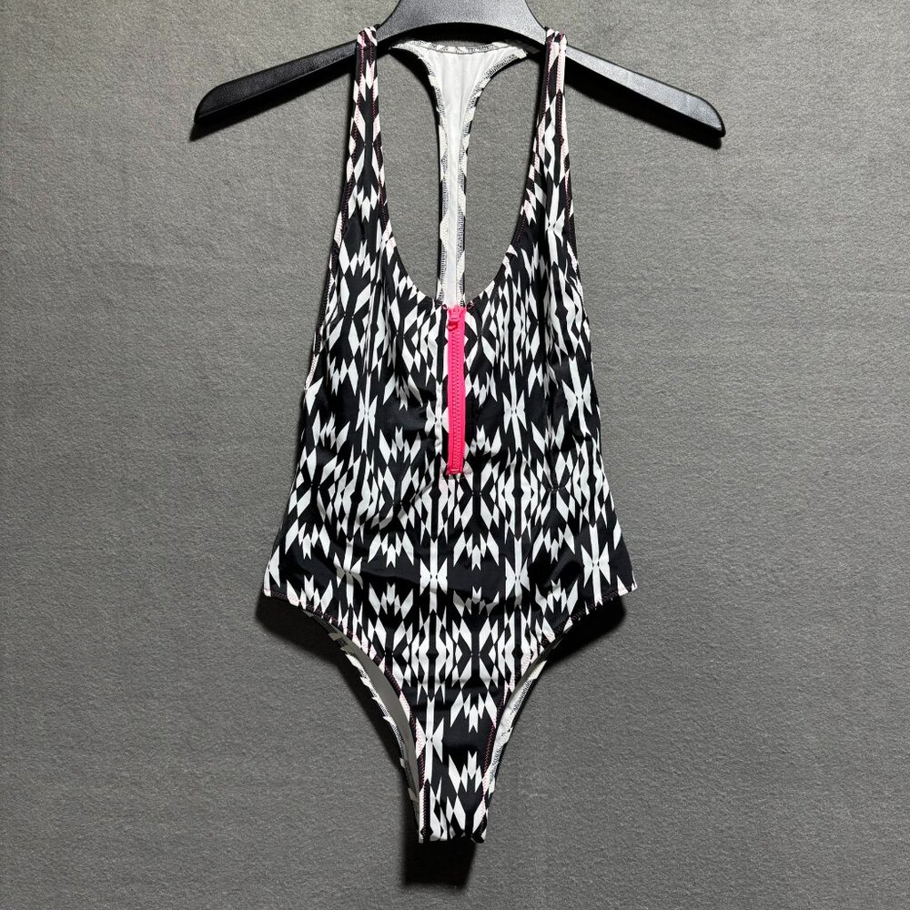 Victoria's Secret One Piece Swimsuit Front Zip Cheeky Black White Printed Size S